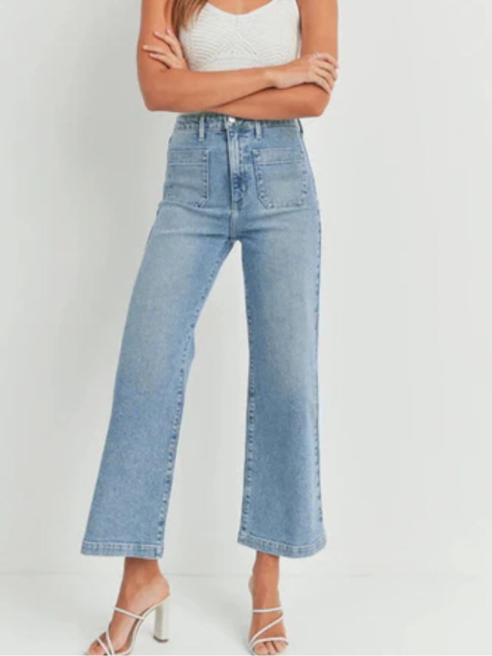Just Black Light Blue High-Rise Wide-Leg Crop Jeans with Front Patch Pockets